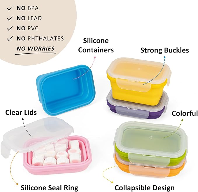 Reusable Silicone Snack Sontainers with Lids, 14oz, Small Collapsible Food Storage Containers for Meal Lunch Small Portion, Stackable, Space Saver for RV, Travel, Microwave Dishwasher Safe, 6 Pack