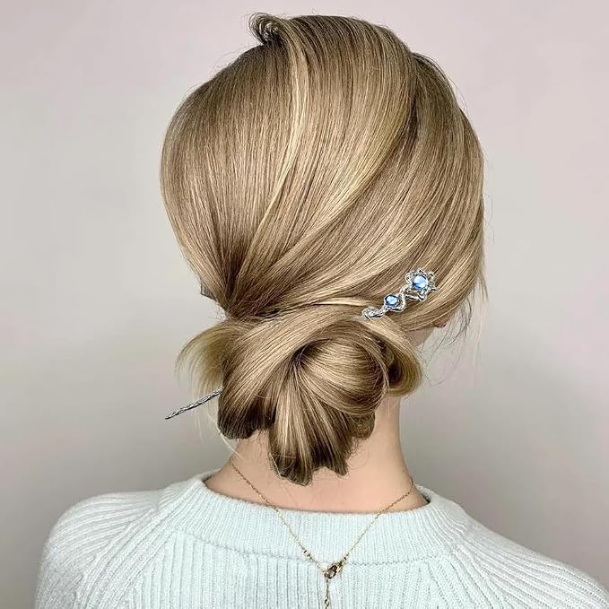 5PCS Star Moon Hair Sticks for Buns Long Hair Chinese Hanfu Asian Vintage Hair Chopsticks Metal Silver Hair Bun Updo Holders Long Hairpins for Women Girls