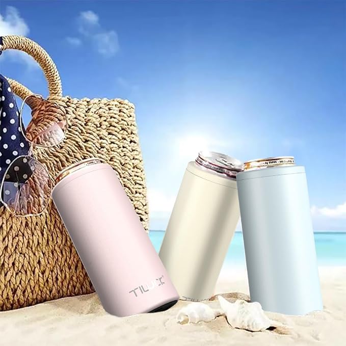TILUCK Skinny Can Cooler, Stainless Steel Insulated Slim Cans, 12 oz | Beer & Hard Seltzer, Doucle-Walled Stainless Steel Insulated Slim Cans, Slim 12 oz(Frosted Sky)