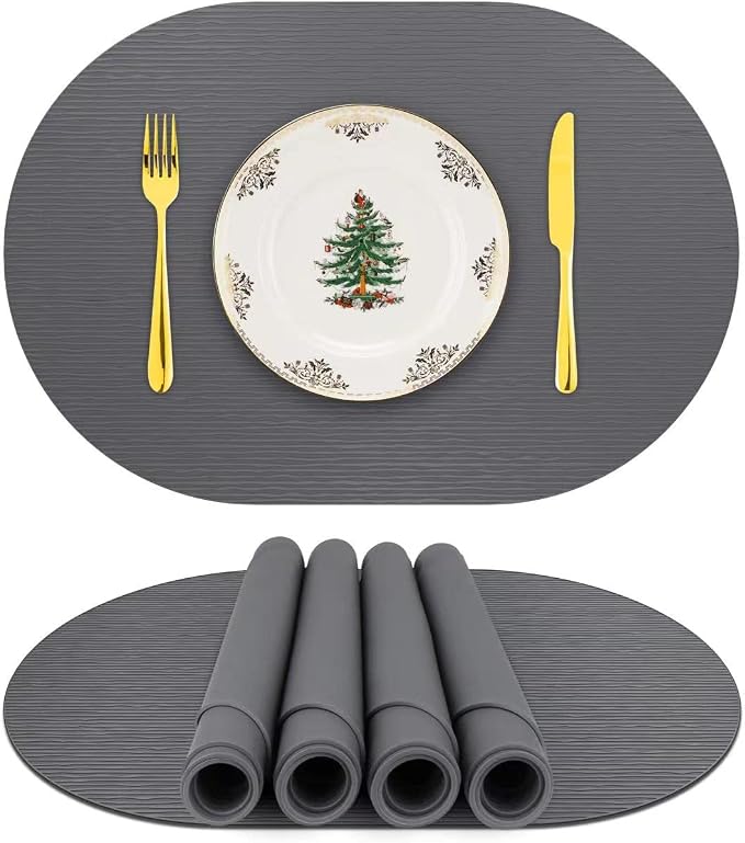 IYYI Silicone Placemats, Dining Placemats Set of 4, Waterproof Placemats for Kids, Heat Resistant Non-Slip Silicone Mats for Dinner Table, Dishwasher Safe (Dark Gray, 17.7" ×12")