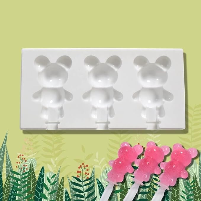 1 Pack Cute Bear Shape Popsicle Molds Silicone Ice Pop Molds 3 Cavities Popsicle Molds for Kids Adults Ice Cream Mold Cakesicles Mould DIY Popsicle Maker Homemade Popsicle Silicone Molds J