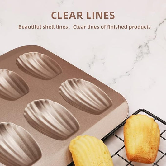2 Pack Madeleine Pans for Baking, 12 Cavity Heavy Duty Shell Shape Baking Mold Nonstick Cookie Cake Pan for Oven(Gold)