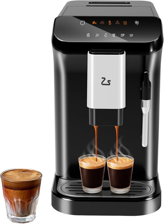 IDEALHOUSE Fully Automatic Espresso Machine with Grinder and Milk Frother, Touchscreen Coffee Maker, 20 Bar Pressure, 1.5L Water Tank, One-Touch Latte and Cappuccino