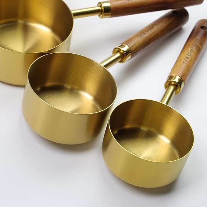 1/4 Cup Stainless Steel Measuring Cup with Wooden Handle, 60ml | Gold Measuring Scoop, 125ml Metal Measuring Spoon, For Baking, Cooking, Wet and Dry Ingredients