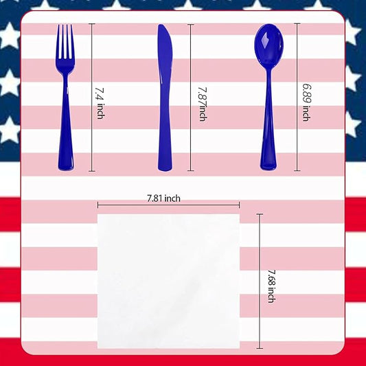 Liacere 100Pack Pre Rolled Blue Silverware and Napkin - Disposable Blue Plastic Utensils-Wrapped Plastic Cutlery Set with Napkin:100 Forks,100 Knives,100 Spoons,100 Napkins for Wedding&New Year