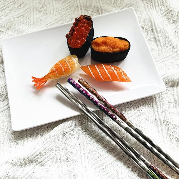 2Pairs Iridescent Stainless Steel Chopstick Reusable Dishwasher Safe Sakura | Anti-slip,Heat-resistant,Engraved Flower Pattern,Multicolor
