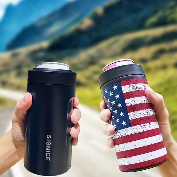 3 In 1 Insulated Universal Can Cooler - Signice Double Walled Vacuum Insulator Stainless Steel Slim Can Cooler for 12 Oz Skinny Tall Standard Regular Can Beer Bottle (Flag)