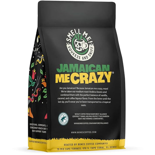 Bones Coffee Company Jamaican Me Crazy, Vanilla Caramel Flavored Coffee, Medium Roast Low Acid Arabica Beans Compatible with Auto drip and French Press Coffee Maker, 12 Oz Ground