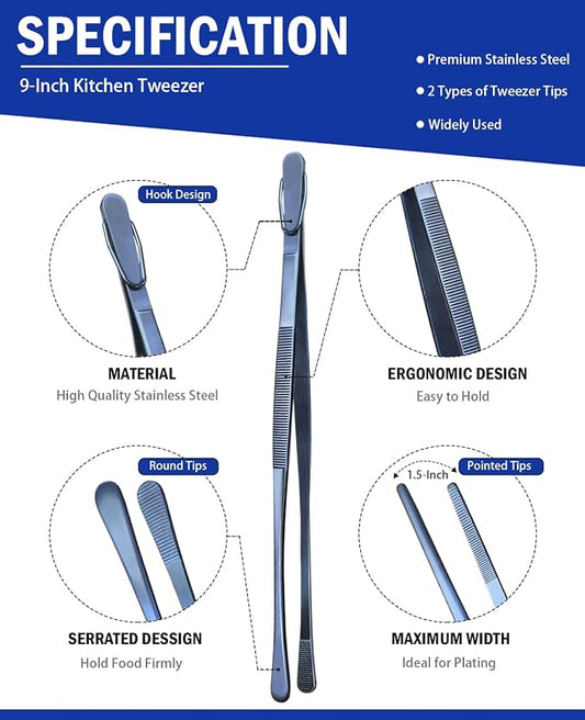 JETKONG 2 Pcs 9-Inch Cooking Tweezer Tongs Stainless Steel Kitchen Tweezers Plating Tongs (Navy Blue)