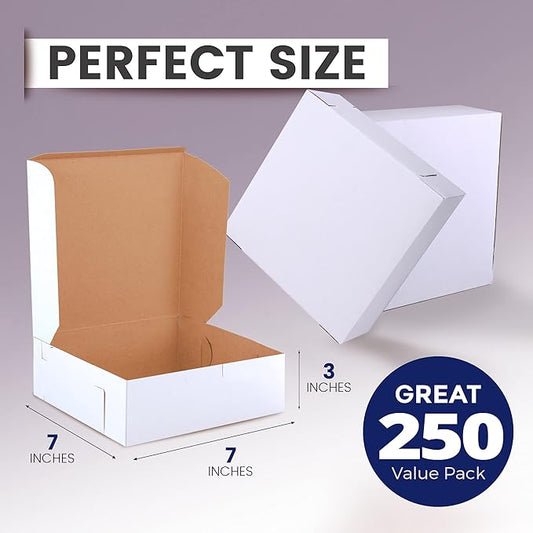 Fit Meal Prep 250 Pack White Bakery Boxes, 7 x 7 x 3 Inches Kraft Lined Pastry Boxes - Perfect for Cupcakes, Chocolates, Donuts and More