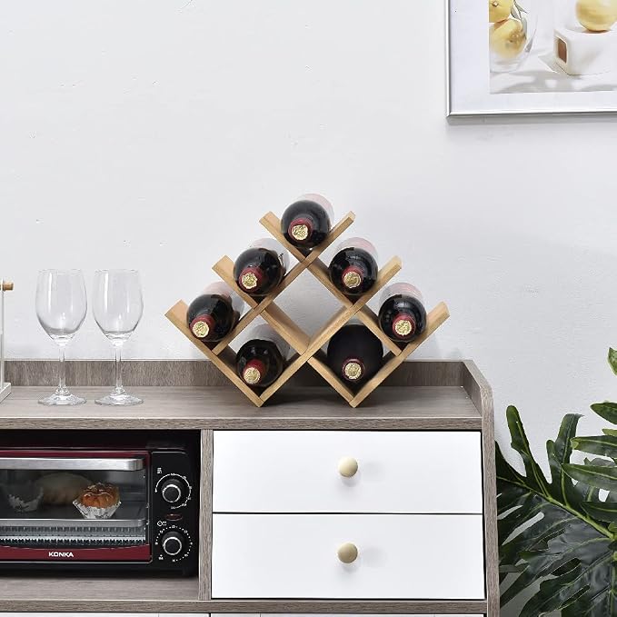 KIRIGEN Wooden Wine Rack, 8-Bottle 3-Tier Countertop Wine Holder, Natural | 16.73 x 5.91 x 11.14 In, Holds 8 Standard Wine Bottles for Cabinets, Pantry Shelves, and Kitchen Counter, Assembly Required