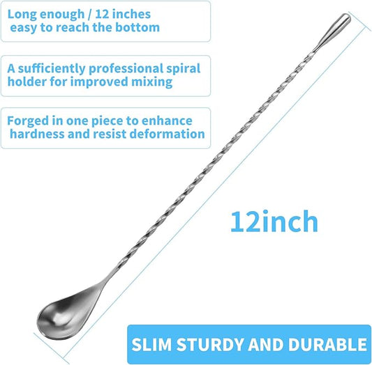 2 Pcs 12 Inch Bar Mixing Spoon Cocktail Spoon Stainless Steel Bar Long Spoon With Spiral Pattern