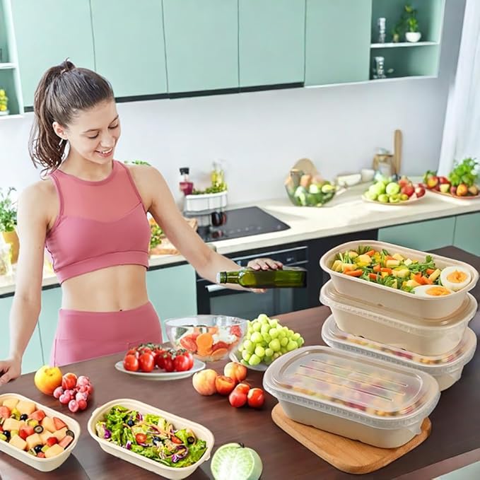 100 Pack 23 Oz Disposable Meal Prep Containers with Lids, Rectangle Paper Bowls with Lids for Salad,Leftovers, Leak-proof To Go Food Box Cardboard Lunch Box Compostable Take Out Food Containers