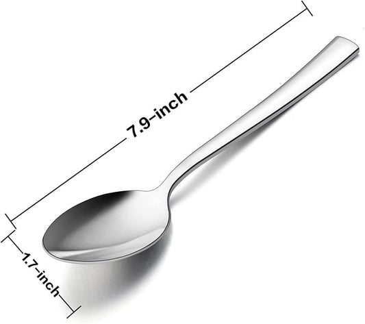 Dinner Spoons Set of 12, E-far 7.9 Inch Stainless Steel Soup Spoons Tablespoons for Home, Kitchen or Restaurant, Non-toxic & Mirror Polished, Squared Edge & Dishwasher Safe