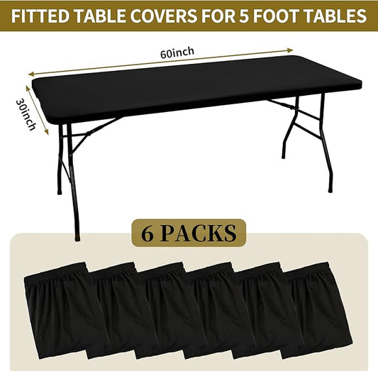 6 Pack Stretch Fabric Table Top Cap Cover, fits 5' Tables, Spandex Table Covers Washable Elastic Universal Rectangle Tablecloth Protector for Indoor Outdoor Party Picnic Wedding, Black, 30" W x 60" L