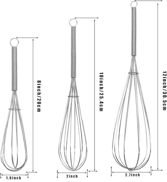 Mini Wire Whisk, 3-Pack - 8, 10 & 12 Inch Small Whisk for Cooking - Ergonomic Spiral Handle, 304 Stainless Steel - Ideal for Whisking, Beating, Blending & Mixing Sauces - Silver