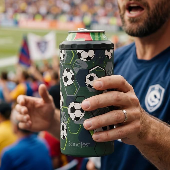 Soccer Can Cooler 12oz - Stainless Steel Insulated for Men Brother Buddy Players - Travel Mug Cups - Tumbler Cans Koozie, Sport Gift for Birthday, Christmas
