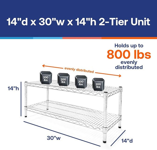 Shelving Inc. 14" d x 30" w Chrome Wire Shelving with 2 Tier Shelves, Weight Capacity 800lbs Per Shelf