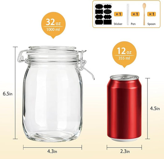 Glass Kitchen Storage Canister Mason Jars with Lids,32oz Airtight Glass Canister with Hinged Lid,Perfect for Kitchen Canning Cereal,Pasta,Sugar,Beans (Labels & Chalk Marker)-Set of 4