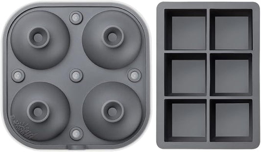 Samuelworld Large Silicone Premium Ice Trays, 2-Pack Combo, 2 Inches Big Cubes & 2.5 Inches Sphere Ice Molds - BPA Free, Craft Ice Maker for Gifting, Whiskey, Cocktails, Easy Release - Gray