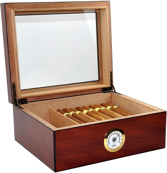 Premium Spanish Cedar Cigar Humidor – 25-50 Cuba Cigar Capacity, Sapele Cherry Finish Cigar Storage Box, Glass Top, Built-In Hygrometer & Humidifier – 10.25" W x 8.75" D x 4.5" H