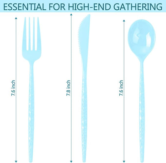 LIYH 150 Pcs Baby Blue Plastic Cutlery Sets - Light Blue Plastic Silverware Heavyduty, Disposable Utensil Sets, 50 of Each Forks, Knives & Spoons Flatware Set for Party Birthday
