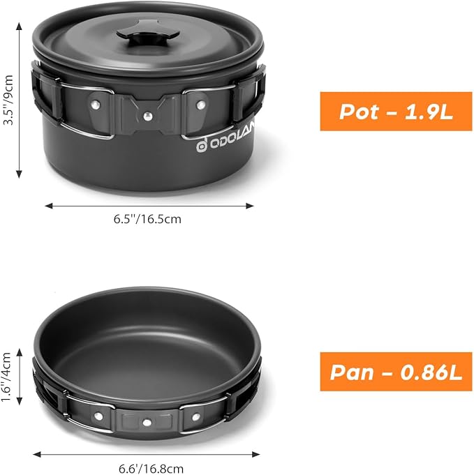Odoland 16pcs Camping Cookware Mess Kit, with Folding Camping Stove | Anodized Aluminum, for Hiking, Outdoor Cooking and Picnic, 1.9L Pot 0.8L Kettle 0.86L Pan 3000W Stove, Little Compact Pot Set