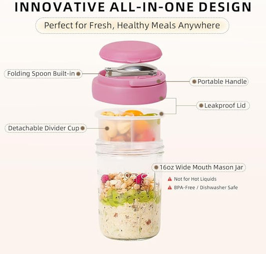 4 Pack Overnight Oats Containers with Lids and Handles, Folding Spoons & Divided Compartments for Fruit & Nuts, 16oz Glass Mason Jars for Oatmeal, Meal Prep & Breakfast (Black/Deep-Blue/Cream/Purple)