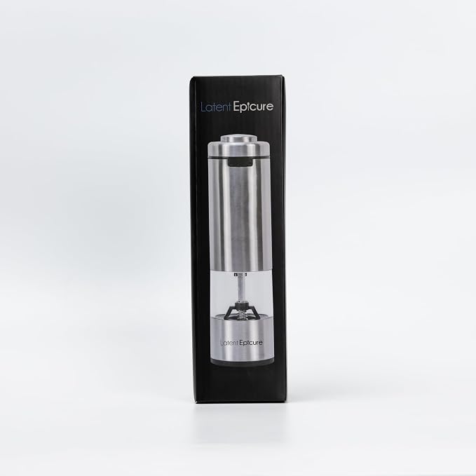 Latent Epicure Electric Salt and Pepper Grinder (SINGLE) - Rechargeable USB-C - Stainless Steel Salt, Pepper or Spice Mill with LED Light - One Handed Operation - Adjustable Ceramic Grinders