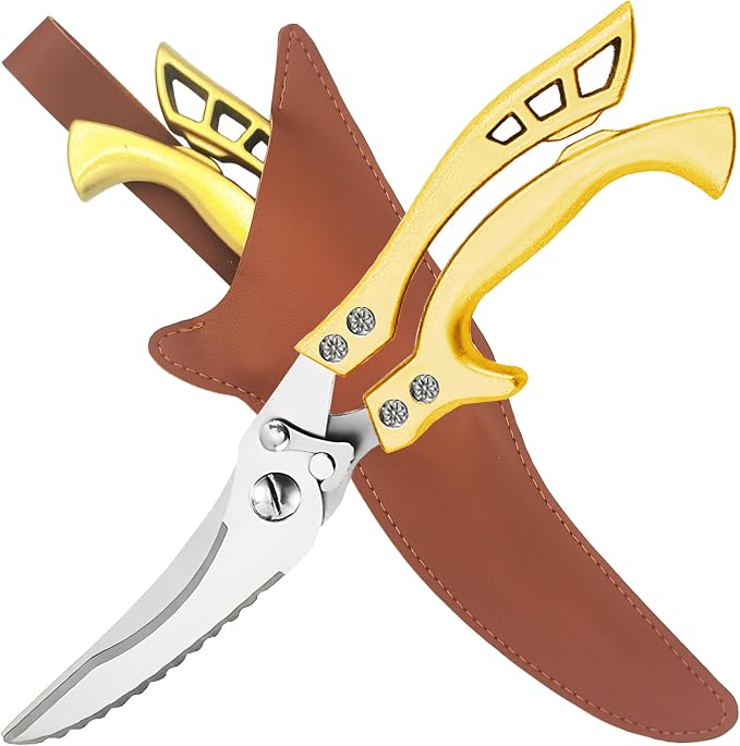 ANDONG Heavy Duty Kitchen Poultry Shears,Protective Sheath&Cleaning Cloth | Ultra-Sharp Stainless Blades,Serrated Edge, Spring Loaded, Dishwasher Safe,Cutting Food Cooking Meat Poultry Kitchen Utensils