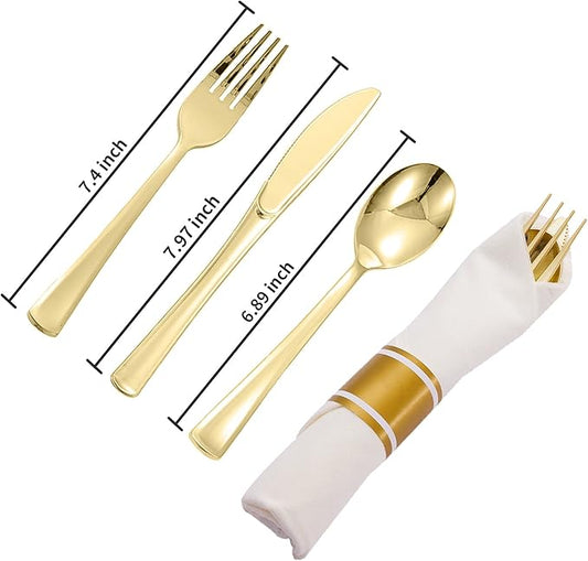N9R 50 Pack Pre Rolled Gold Plastic Cutlery Set, Wrapped Plastic Silverware Set with 50 Forks, 50 Knives, 50 Spoons and 50 Napkins, Disposable Cutlery Set for Party and Wedding