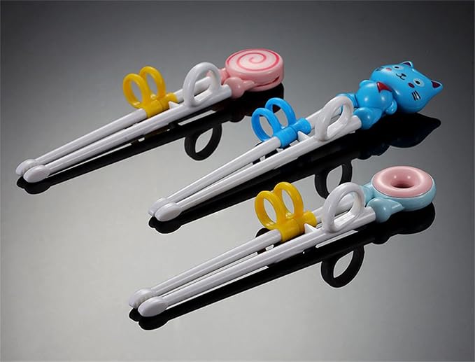 2Pairs Chopsticks, Learning Helper Practice Training Chopsticks Gift with Animals (cat pink +blue)