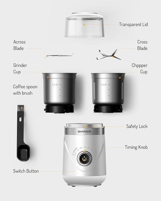 SHARDOR Electric Super Silent Blade Coffee Grinder, Timed Grind Control Rotary Knob, Adjustable Coarse to Fine for Coffee Beans, Spices & Herbs, with 2 Removable Stainless Steel Bowl, White