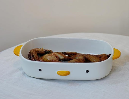 PURROOM Cute Duck Baking Dish, Ceramic Casserole Dish, White Porcelain Pie Pan, 10x7 in Medium Baking Pan with Handles, Oven Safe & Durable Bakeware for Lasagna.