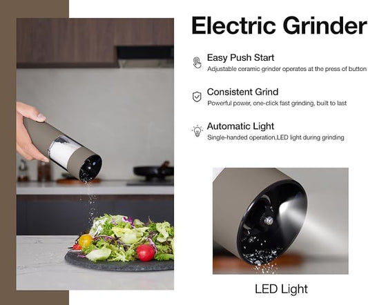 Stainless Steel Rechargeable Electric Salt and Pepper Grinder Set, USB Charging with Dust Cover, 6 Adjustable Grinding Modes + LED Light 2pack,Brown