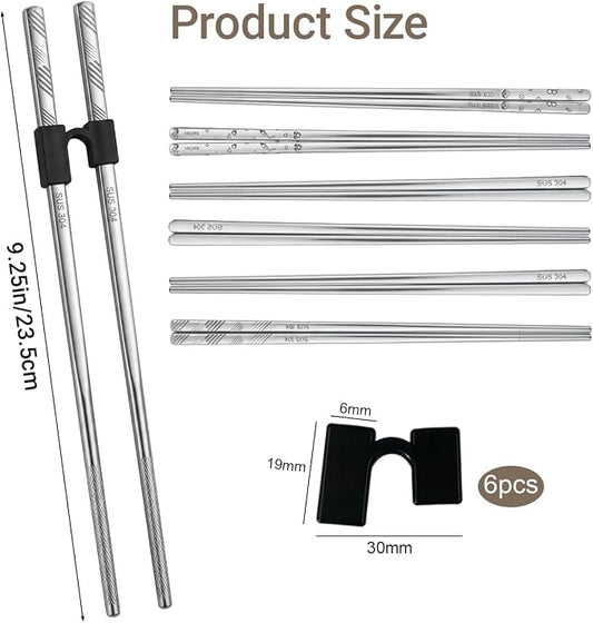 6Pairs Stainless Steel Chopsticks with Training Helper Grips, Reusable Metal Chopsticks with Laser Engraved Non-Slip Tips (9.25 Inches)