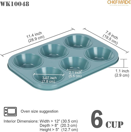 CHEFMADE Muffin Pan, 6-Cavity Non-Stick Cupcake Baking Pan Heavy Duty Carbon Steel Pan Muffin Tins Standard Baking Mold for Cakes(Green)