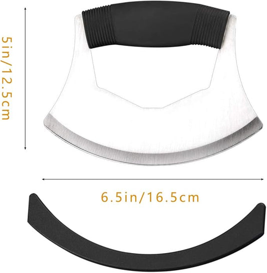 Mezzaluna Salad Chopper,Stainless Steel Mezzaluna Knife Razor Sharp Rocker Slicer with Protection Cover Vegetable Chopper Mincing Cutter for Pizza Cheese Onion Carrot Pepper Garlic