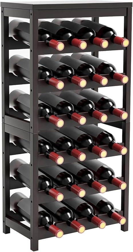 Wine Rack Free Standing Floor,6 Tier 24 Bottles Floor Wine Storage Shelves | Bamboo Wine Rack with Table Top,Wine Organizer Shelf for Kitchen Dining Room Bar,Easy-Assembly,Dark Brown