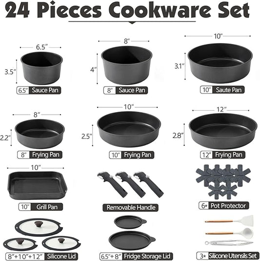 SENSARTE 24 Piece Pots and Pans Set, Nonstick Detachable Handle Cookware, Induction Kitchen Cookware Set with Removable Handle, Healthy Non Stick for RV, Dishwasher&Oven Safe (Black)