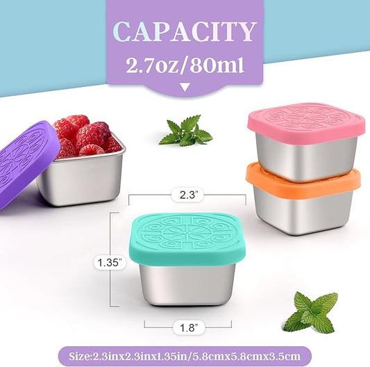 6x2.7 Oz Salad Dressing Container to Go,Handy Leakproof Stainless Steel Meal Prep Containers Reusable,Sauce Containers for Lunch Box, Picnics, Travel, Office and Kitchen Storage-Square