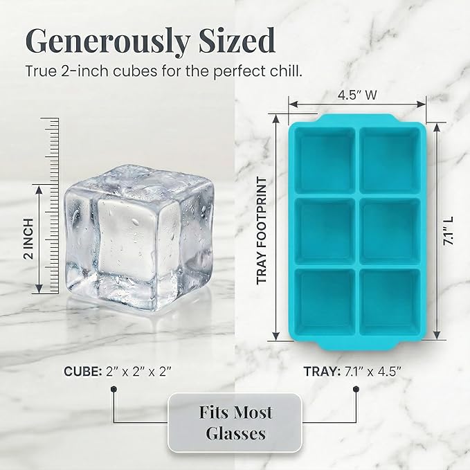 KitchFort® Large Silicone Ice Cube Tray (2-Pack) - 2" Big Ice Mold with Lid | Easy Release, Cocktail, Whiskey Ice Cubes Mold - Food Grade - Ice Cube Trays for Freezer - Stackable Silicone Ice Tray