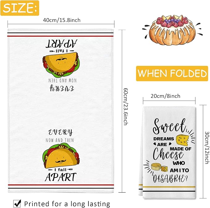 Funny Kitchen Towels and Dishcloths Sets of 4 Kitchen Towels with Sayings Cheese Bundts Absorbent Drying Tea Dish Towel for Cooking Baking Home Decorations,16 x 24 Inch
