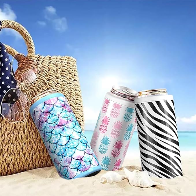TILUCK Skinny Can Cooler, Stainless Steel Insulated Slim Cans, 12 oz | Beer & Hard Seltzer, Doucle-Walled Stainless Steel Insulated Slim Cans, Slim 12 oz(Pineapple)