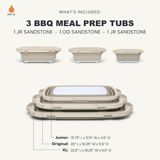 Drip EZ Collapsible BBQ Prep Tubs 3-Piece Set - For Meal Prep Marinating Food Storage - Includes Cutting Board & Lid - (1) JR + (1) OG + (1) XL - Sandstone