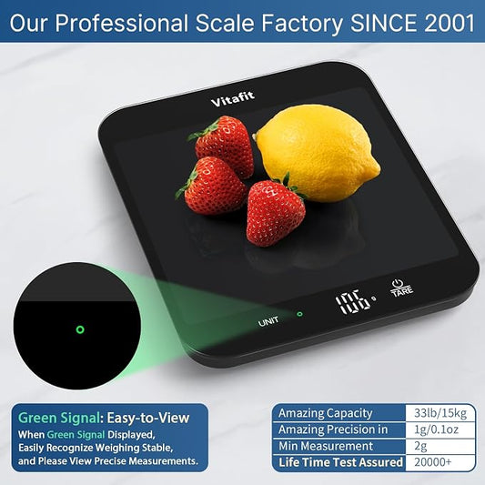 Vitafit 33lb Food Scale, High Accuracy 0.1oz by Our Professional Scale Factory Since 2001, Digital Kitchen Scales Weight Grams and Ounces for Cooking & Baking, 8.5x7.1in Platform, 3 AAA Battery, Black