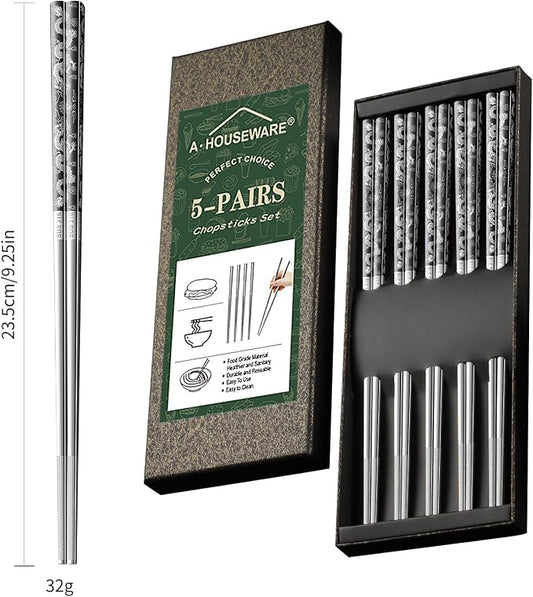5 Pairs Dragon Chopsticks Set Black Stainless Steel 316 Kitchen Dinning Utensils Reusable Japanese Korean Chinese Dishwasher Safe Non-Slip Chop Sticks Tableware Gift 9.26"