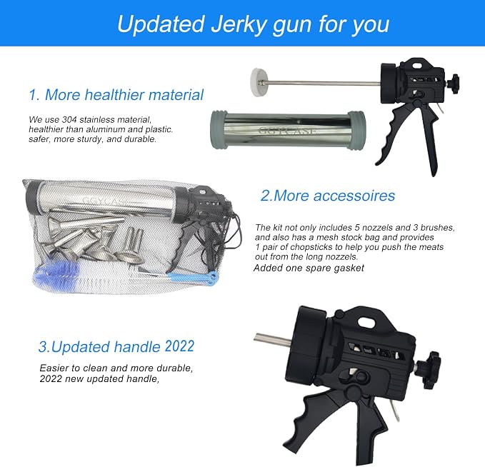 2LB Large Capacity Stainless Steel Jerky Gun Kits, Sausage Stuffer Machine, Meat Gun, Beef Jerky Maker with 5 Stainless Nozzles 3 Brushes