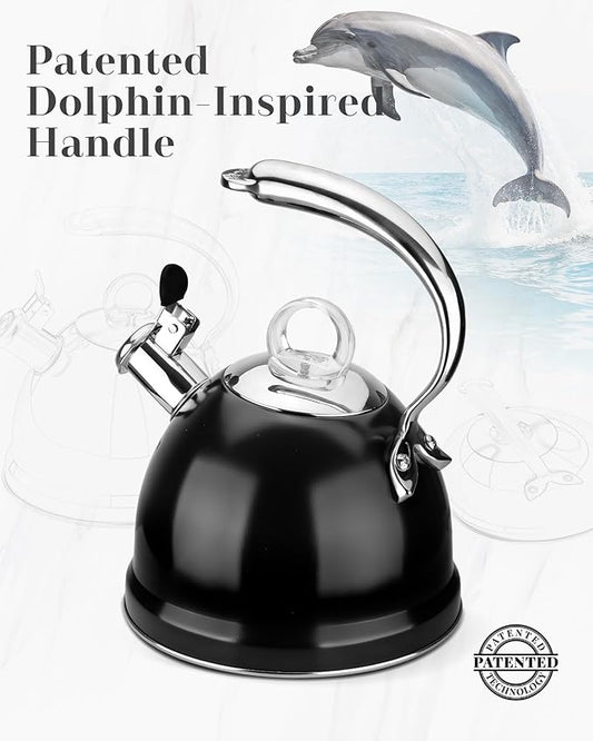Harriet Tea Kettle Stovetop, 2.5 QT Whistling Stainless Steel Teapot, 3-Layer Base, Unique Ergonomic Handle, Includes Pot Holder & Mat, Electric/Induction/Gas Stovetops Applicable, Black