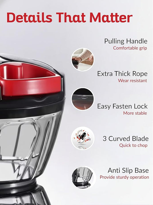 Manual Pull Mini Chopper 400ml – Handheld Vegetable Chopper for Onion, Garlic, Nuts, Herbs & Salad Prep – Compact Food Processor with Sharp Stainless Steel Blades, BPA-Free & Easy to Clean